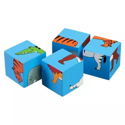  four wooden blocks painted with brightly coloured animal designs - lion, crocodile, gorilla, tiger, zebra and elephant. 