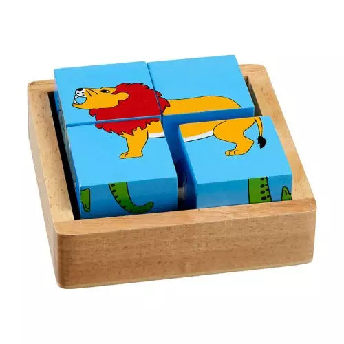 wooden world animals block puzzle with four wooden block painted with brightly coloured animal designs - lion, crocodile, gorilla, tiger, zebra and elephant. The blocks come in a chunky wooden storage tray and are suitable from age 10 months and over. 