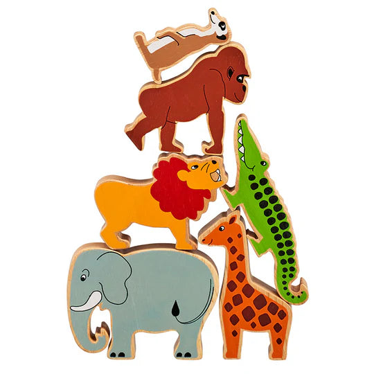 lanka kade world animals playset including wooden meerkat, gorilla, lion, elephant. crocodile and giraffe play figures.