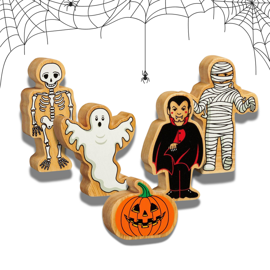 wooden halloween play figures by Lanka Kade toys. The set includes a skeleton, mummy, ghost, vampire and pumpkin. The figures are wooden with painted details. For children over 10 months old. 