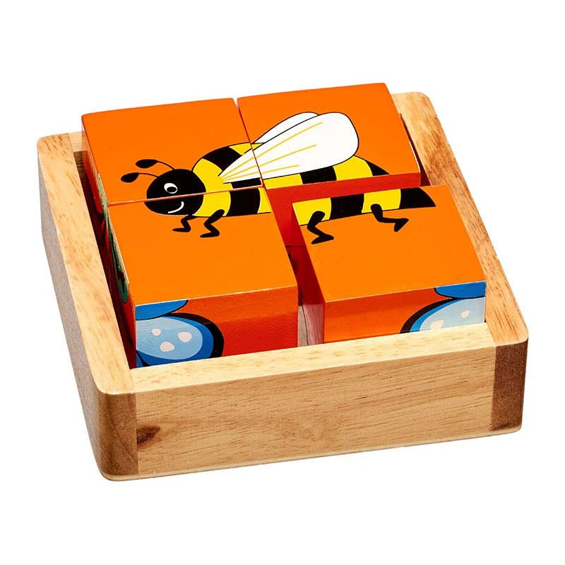 orange wooden block puzzle with colourful  painted minibeasts such as bees butterflies and insects. Suitable for children age 10 months and over. 