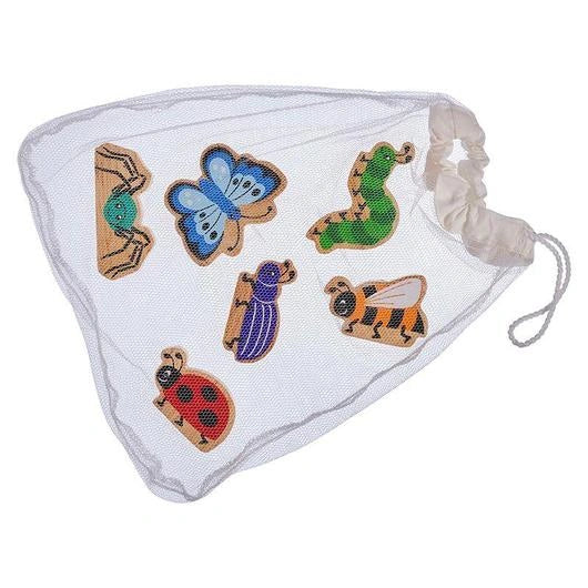 lanka kade wooden minibeast play figures in a mesh bag. For imaginative play.