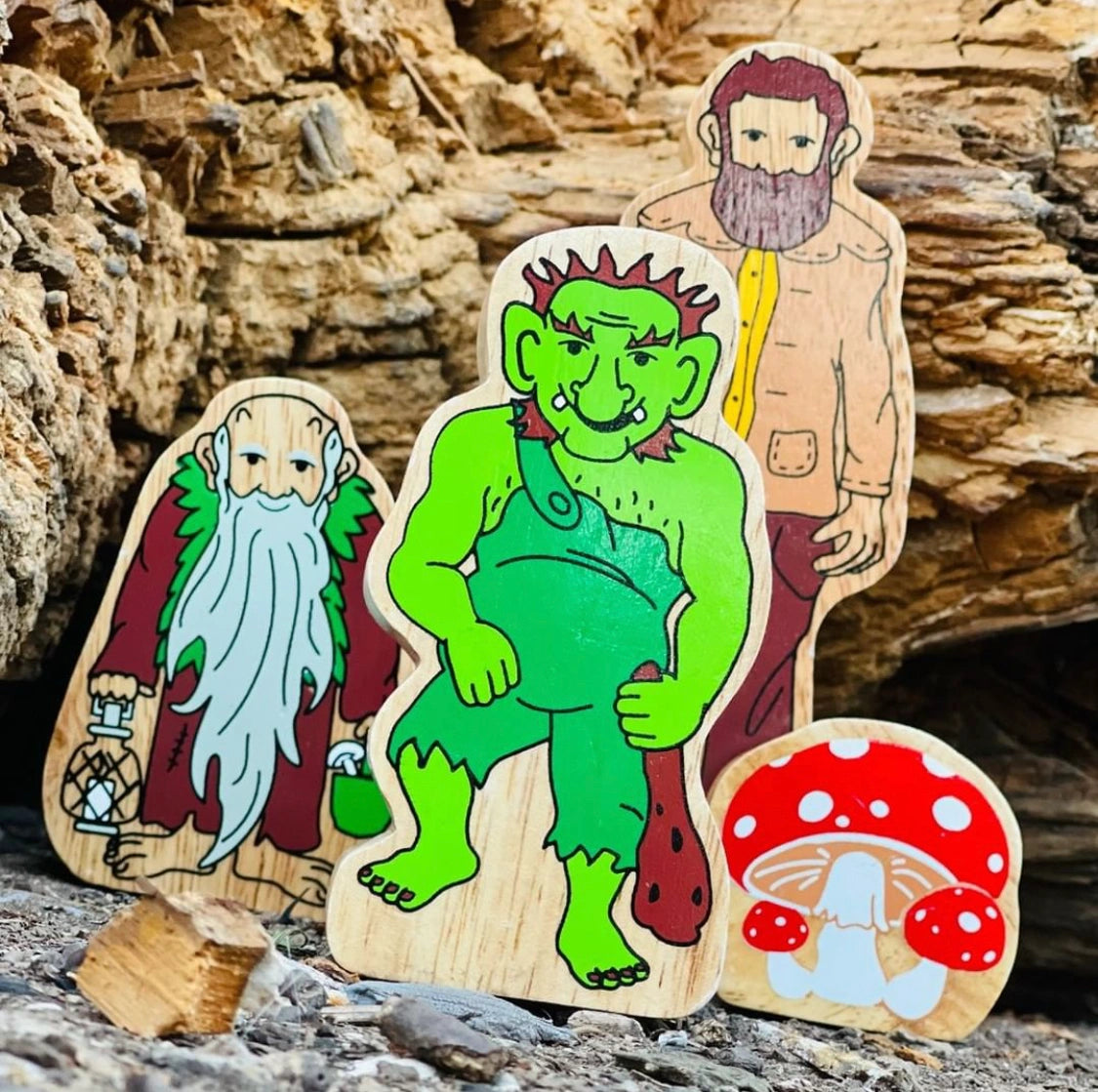 wooden hermit, troll giant and toadstool play figures made by lanka Kade. For small world play and story sacks. 
