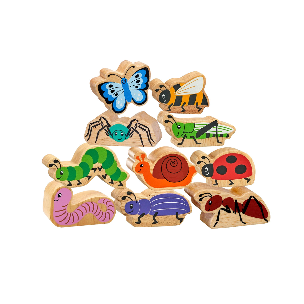 lanka kade wooden minibeast playset bundle including butterfly, bee, spider, grasshopper, caterpillar, snail, ladybird, worm, beetle and any play figures. Suitable from age 10 months and over. 