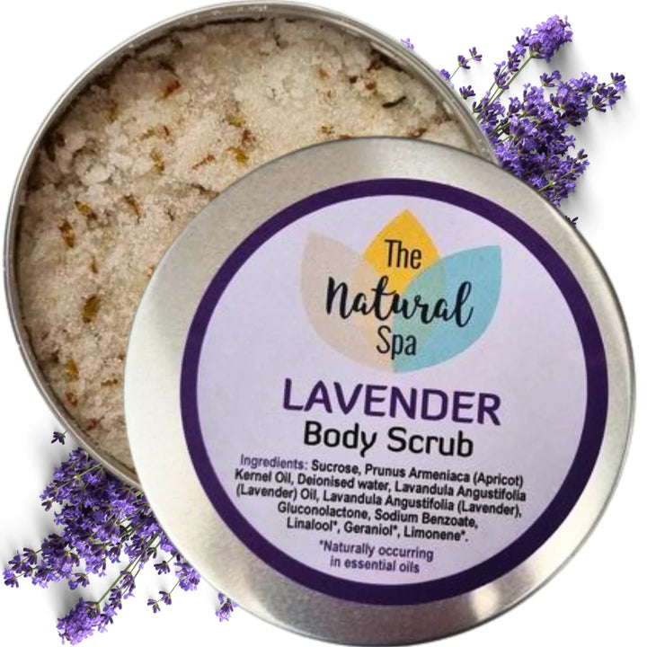 Lavender body scrub in a metal tin with lavender flowers around it, featuring &