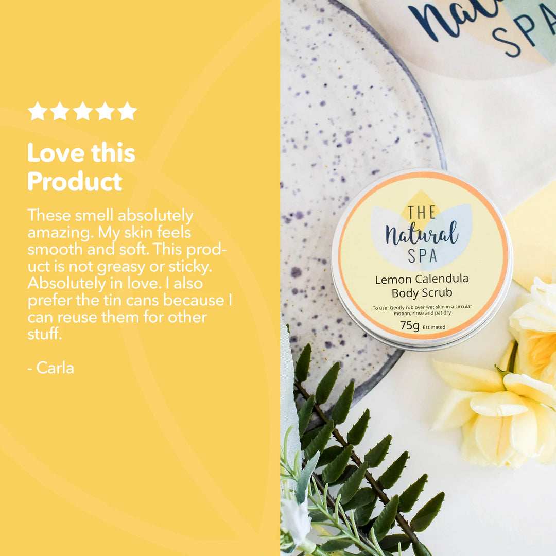 Lemon Calendula Body Scrub from The Natural Spa with customer review on a yellow background