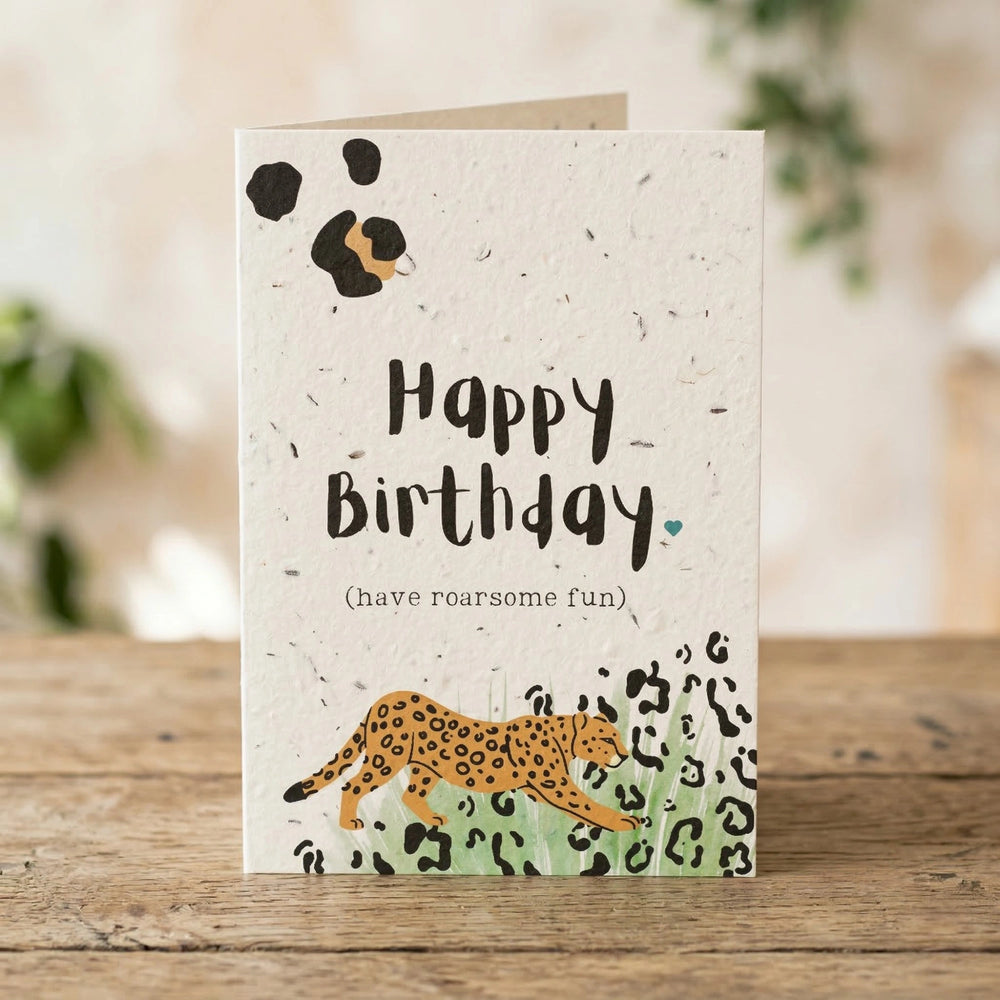 jungle themed birthday card with leopard design printed on plantable seed card