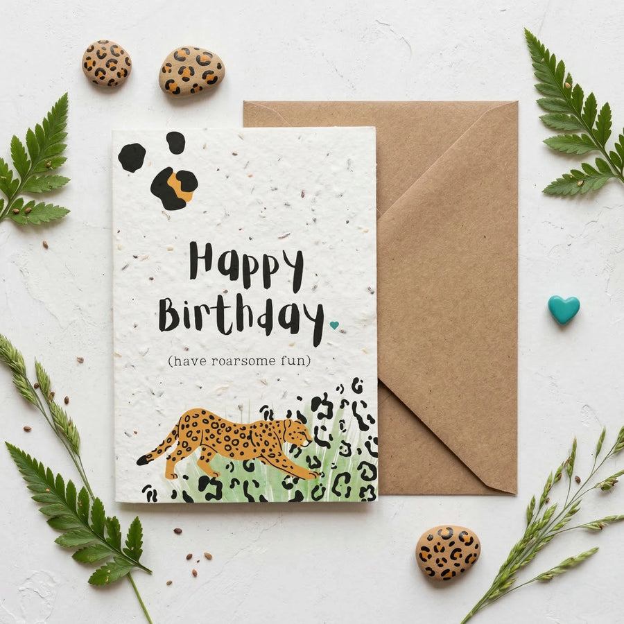 jungle themed birthday card with leopard design printed on plantable seed card