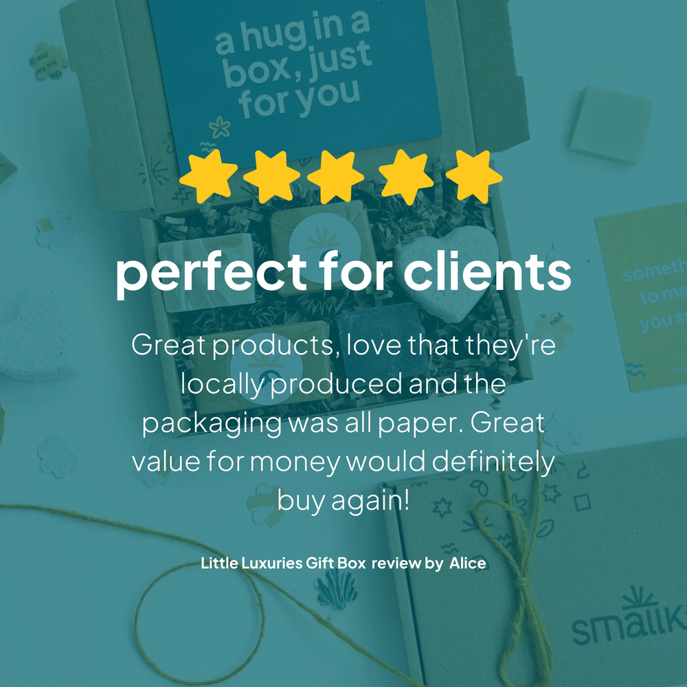 Gift box with text and star rating on a teal background. Text reads 'great products, love that they are locally produced and the packaging all paper. Great Value for money would definitely buy again!'