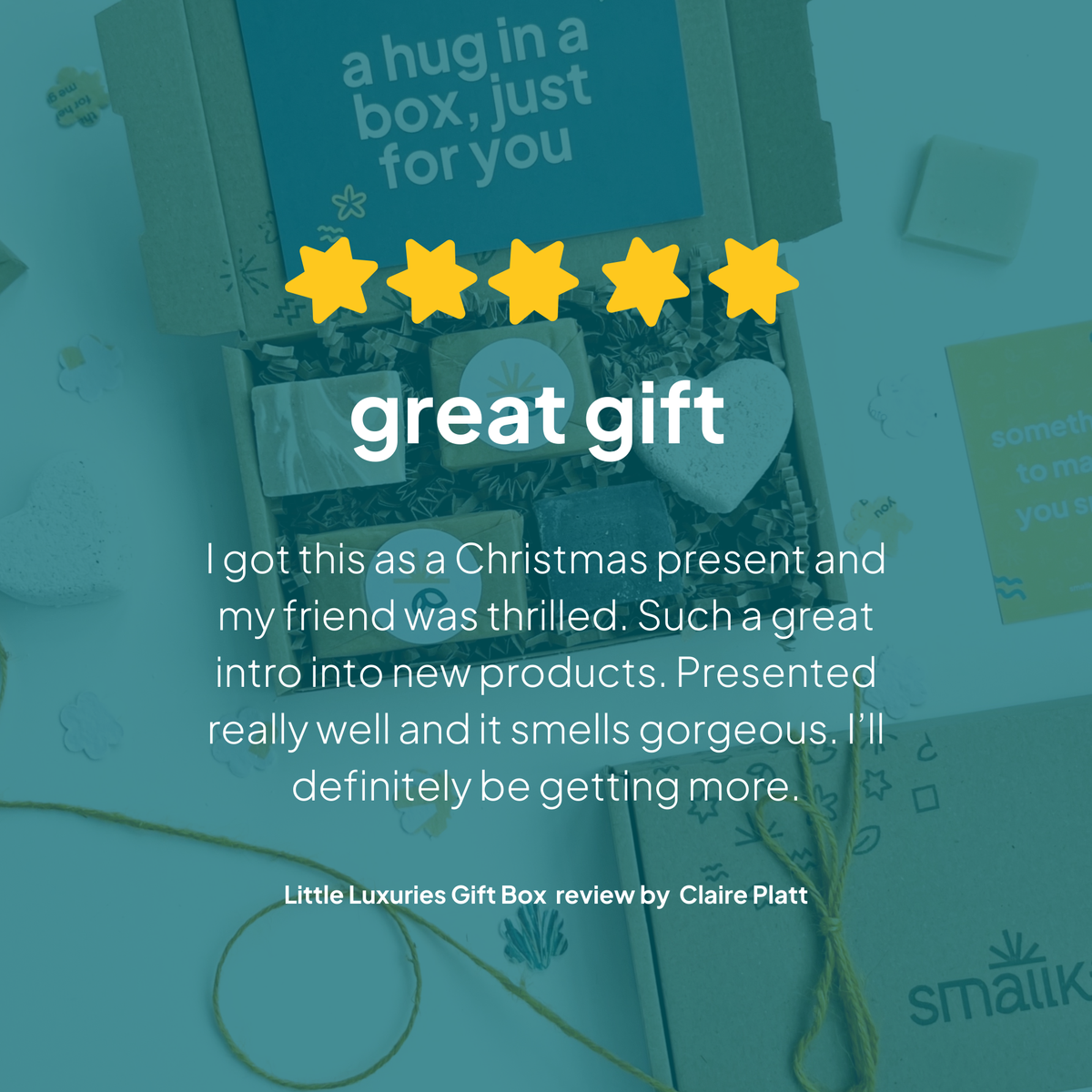 Pamper Gift Box with a five-star rating and review text on a teal background. text reads 'I got this as a Christmas present and my friend was thrilled. Such a great intro o new products. Presented really well and it smells gorgeous. I'll definitely be getting more.'