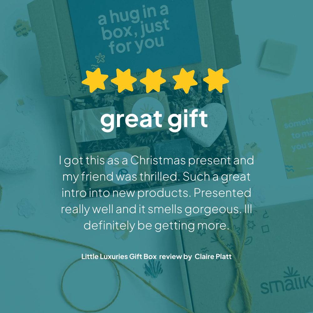 Gift box with a five-star rating and review text on a teal background