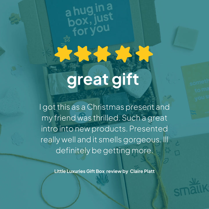 Gift box with a five-star rating and review text on a teal background