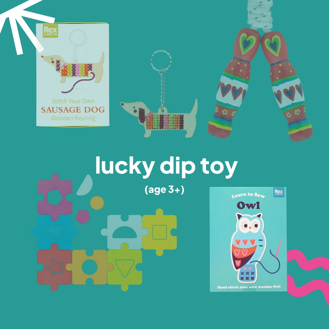 Collage of children's toys including a sausage dog toy, keychain, patterned socks, puzzle pieces, and a sewing kit on a teal background.