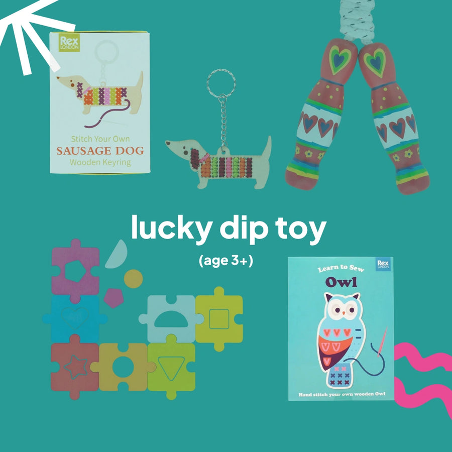 Collage of children's toys including a sausage dog toy, keychain, patterned socks, puzzle pieces, and a sewing kit on a teal background.