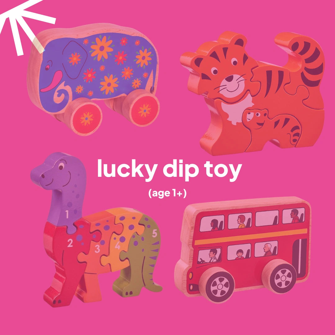 Set of colorful wooden toys including an elephant, tiger, dinosaur, and bus on a pink background with 'lucky dip toy' text.