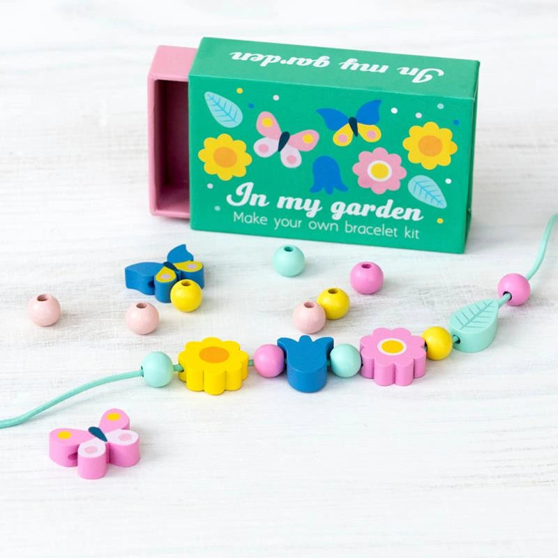 In My Garden Wooden Bead Bracelet Making Kit by Rex London. Featuring nature themed colourful beads in a green gift box