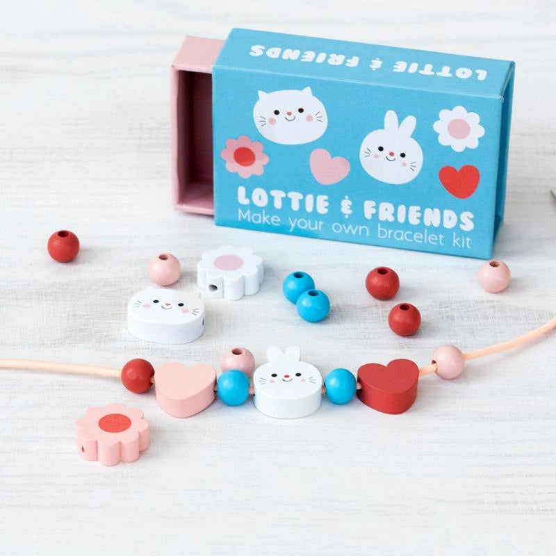  Rex London Lottie & Friends Wooden Bead Bracelet Making Kit in a blue gift box illustrated with a kawaii cat and rabbit