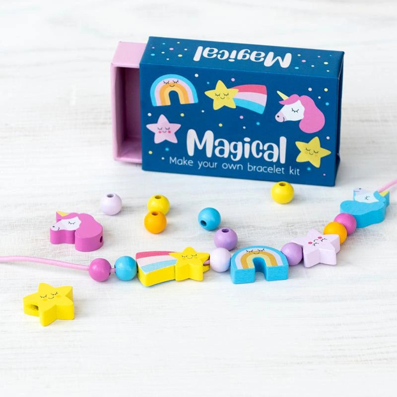 Magical Unicorn Wooden Bead Bracelet Making Kit  with colourful beads and charms in a blue illustrated gift box