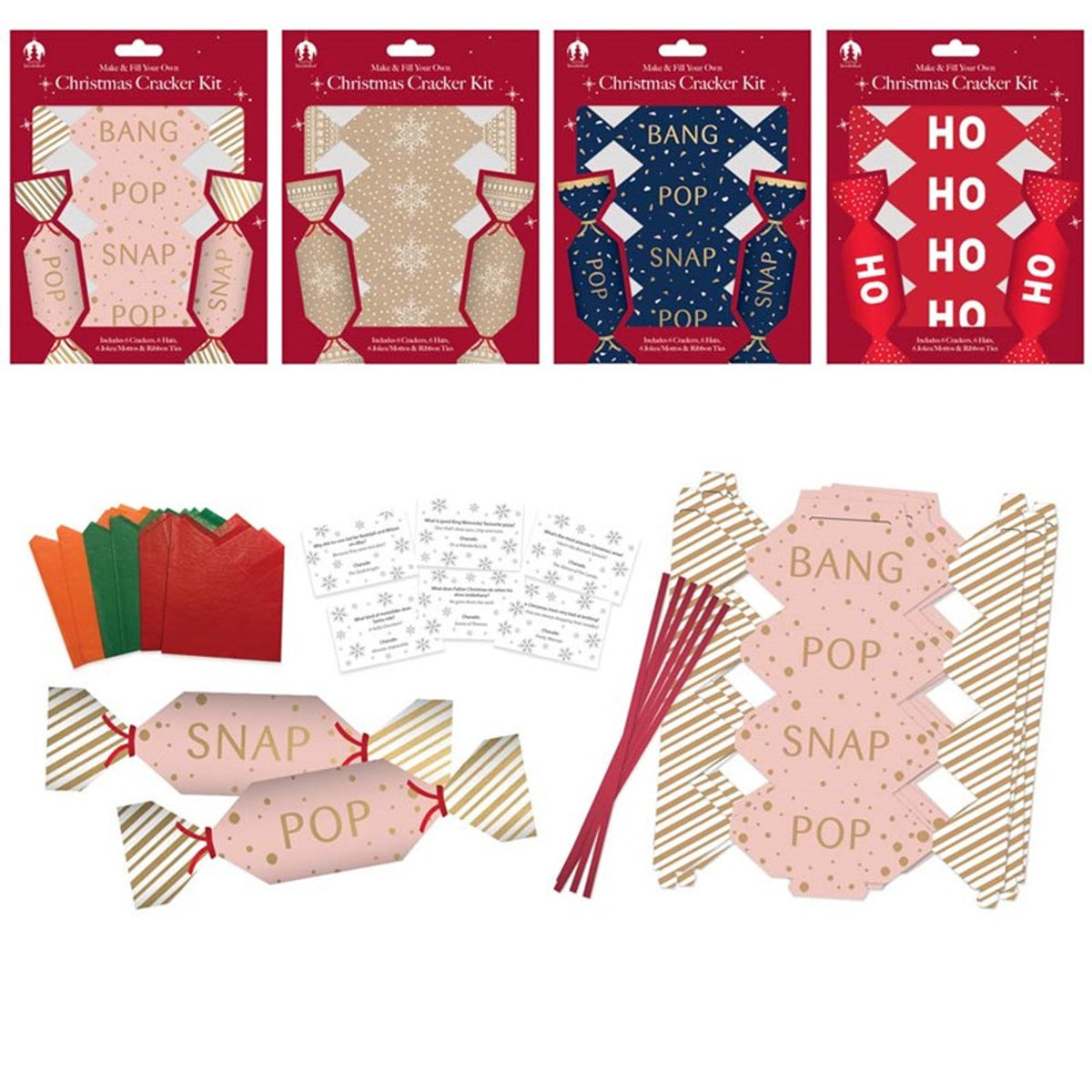 eco friendly Christmas cracker kits in four colours with jokes, party hats and cracker snaps