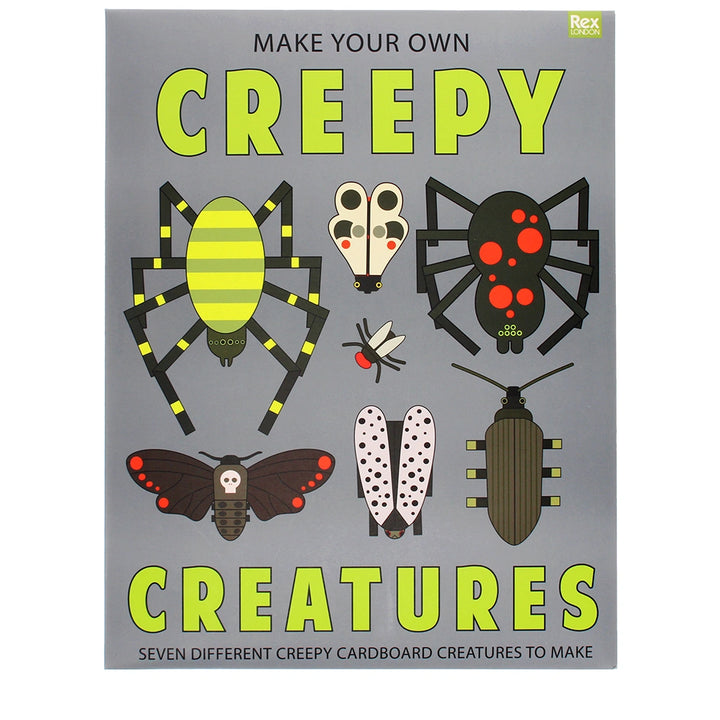 Packaging for 'Make Your Own Creepy Creatures' craft kit with with illustrations of creepy creatures and text on a grey background.