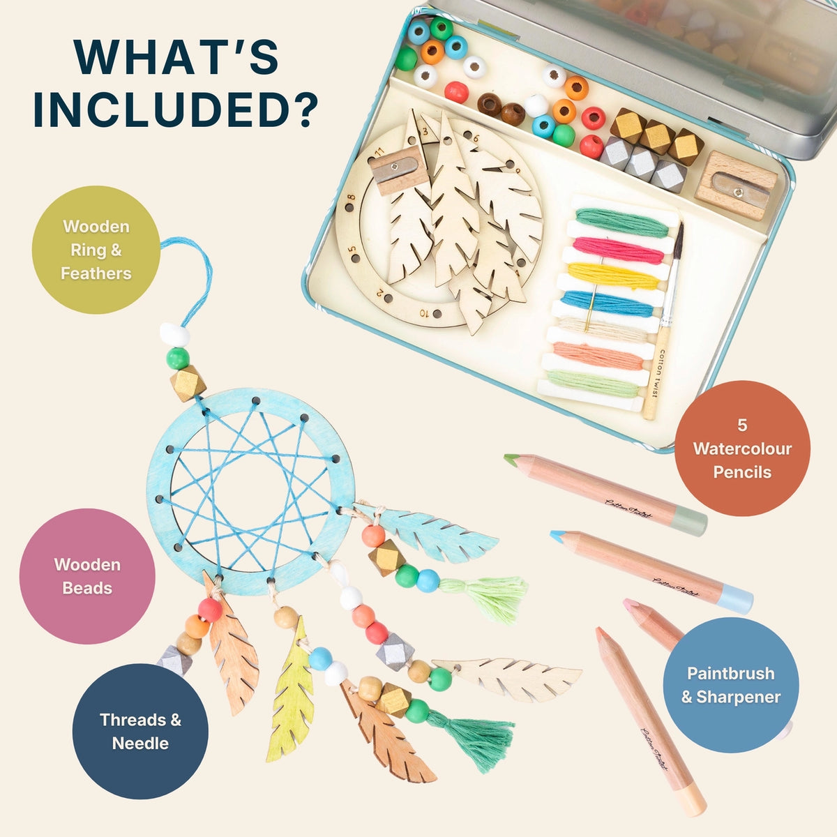 what's included list for the Cotton Twist make your own dreamcatcher kit in a tin