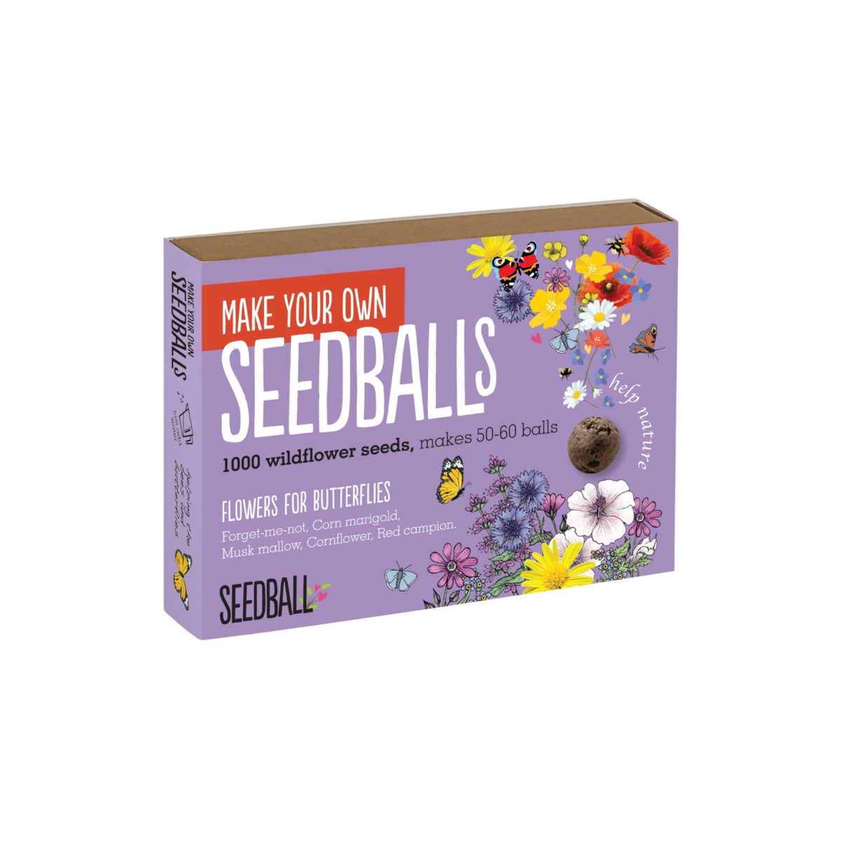make your own seedball kit - flower for butterflies including compost, clay and seeds in a purple gift box 