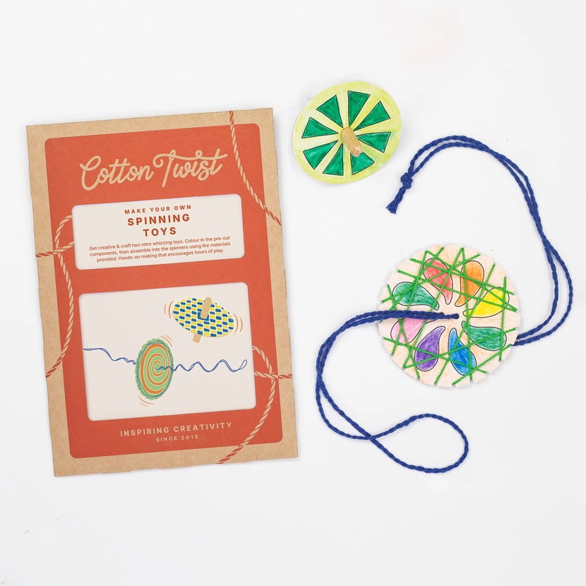 Cotton Twist make your own spinning toys craft kit with colourful spinning toy on a white background