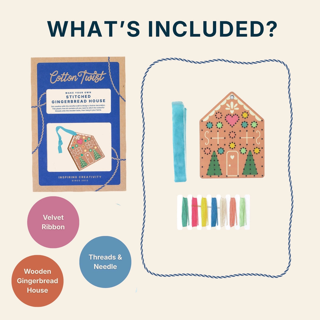 An included-items graphic for a Cotton Twist cross-stitch kit, titled &