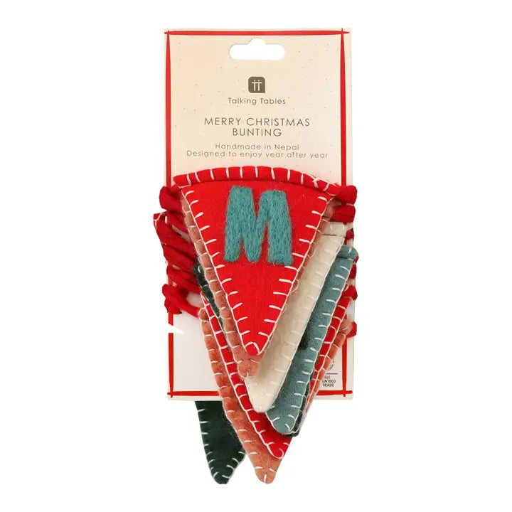 Red, green, and beige Merry Christmas bunting on a white background with a visible brand label.