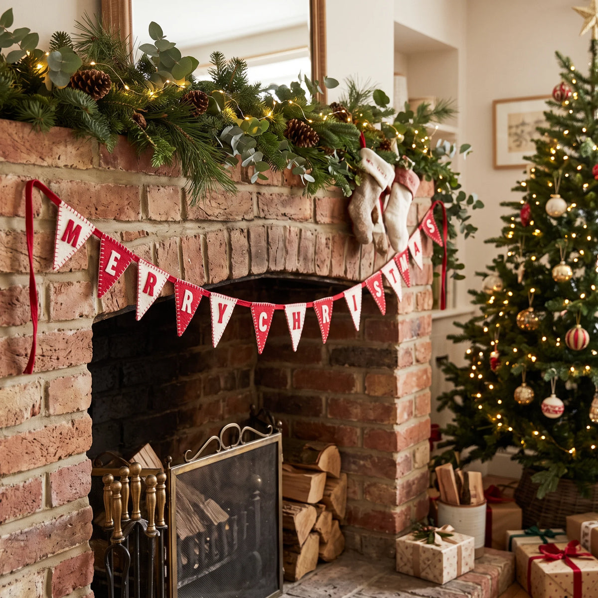 A cozy holiday living room scene featuring a brick fireplace decorated with a green pine garland, warm string lights, a red and white 'MERRY CHRISTMAS' banner, stockings, and a matching decorated Christmas tree with wrapped gifts nearby.