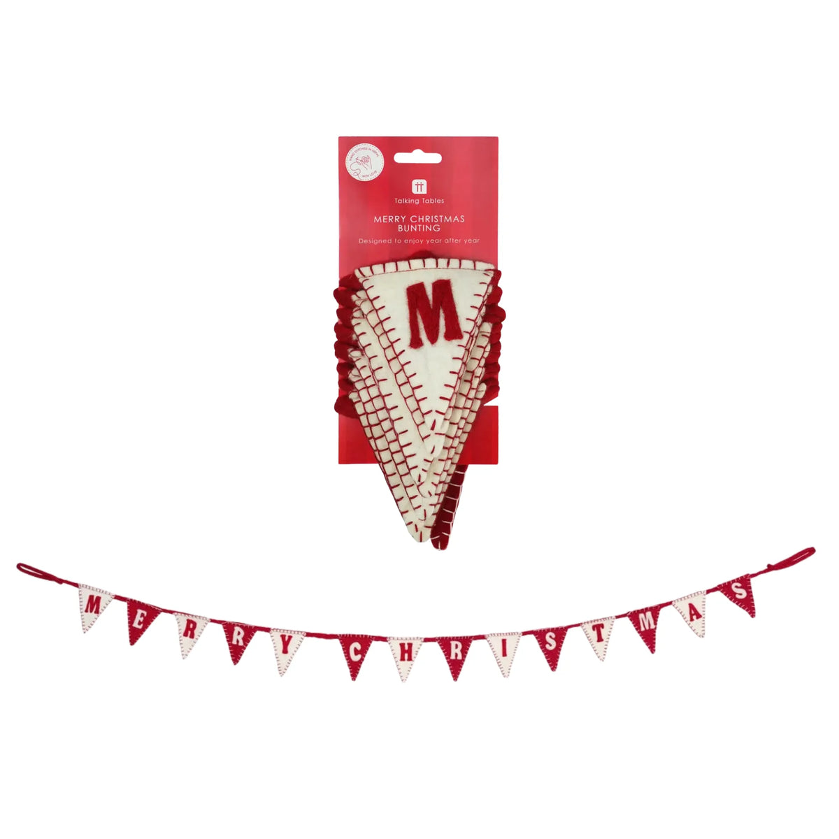 A festive Christmas bunting banner set shown on a plain white background, including a red and white pennant garland spelling 'MERRY CHRISTMAS' and a red-and-white triangular hanging decoration with a large letter 'M'. The top piece is attached to a red retail card.