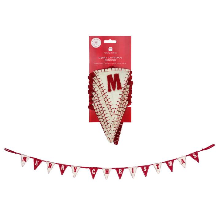 A festive Christmas bunting banner set shown on a plain white background, including a red and white pennant garland spelling &