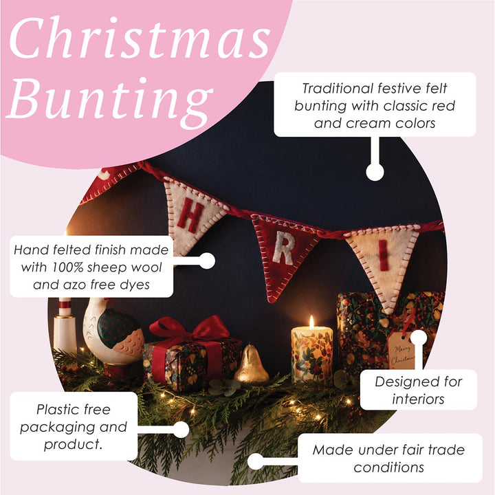 Festive felt bunting with red and cream colors, displayed with Christmas decor elements.