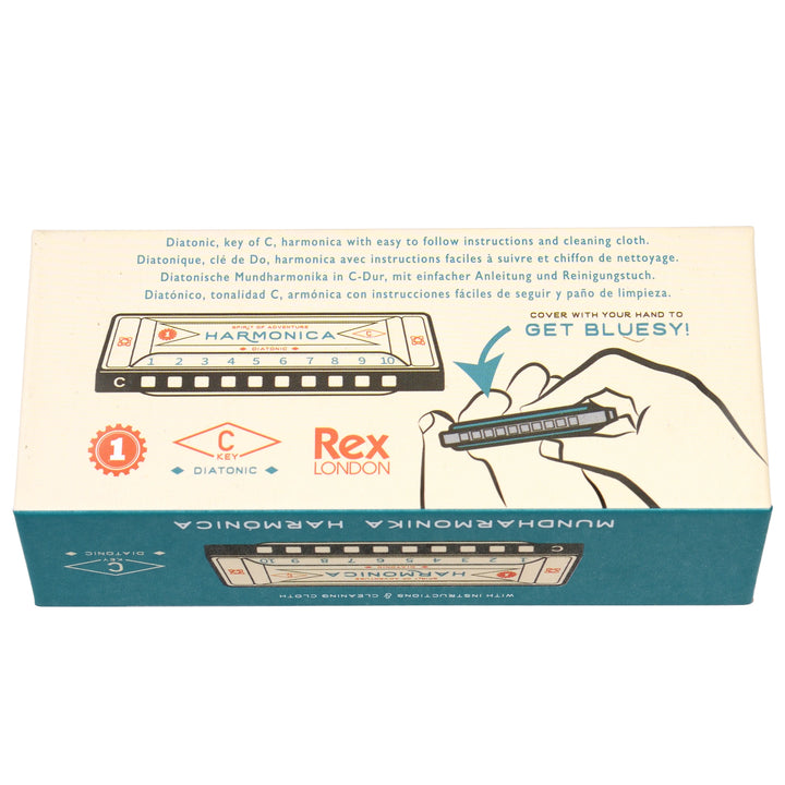 Box of a harmonica with text and illustrations on a white background