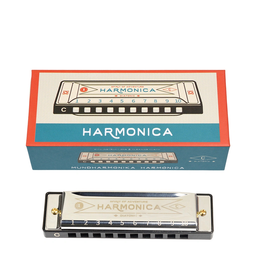 silver metal Harmonica with retro gift box packaging box on a white background