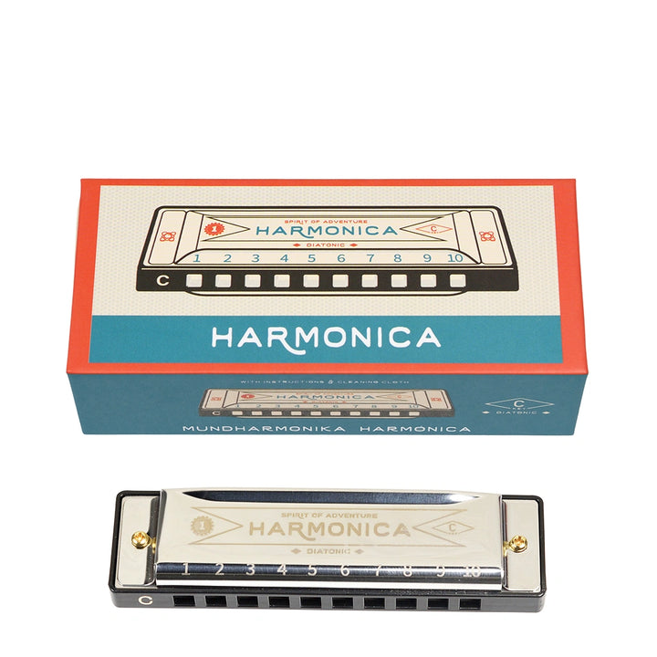silver metal Harmonica with retro gift box packaging box on a white background