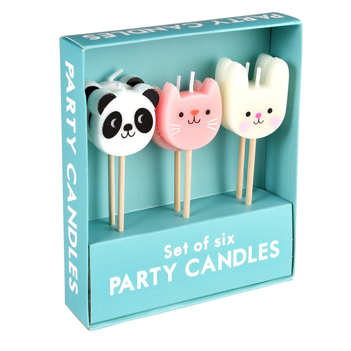 Set of six animal-themed party candles with panda, cat and bunny shapes in a blue box