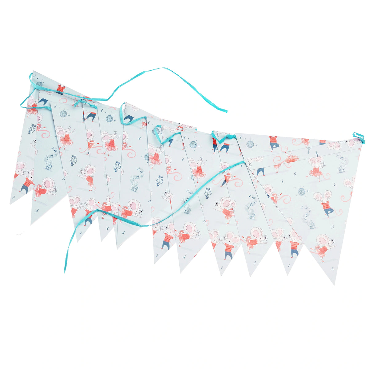 pale blue paper bunting with dancing mice illustrations and a blue ribbon. Perfect for baby showers, parties and kids birthdays.