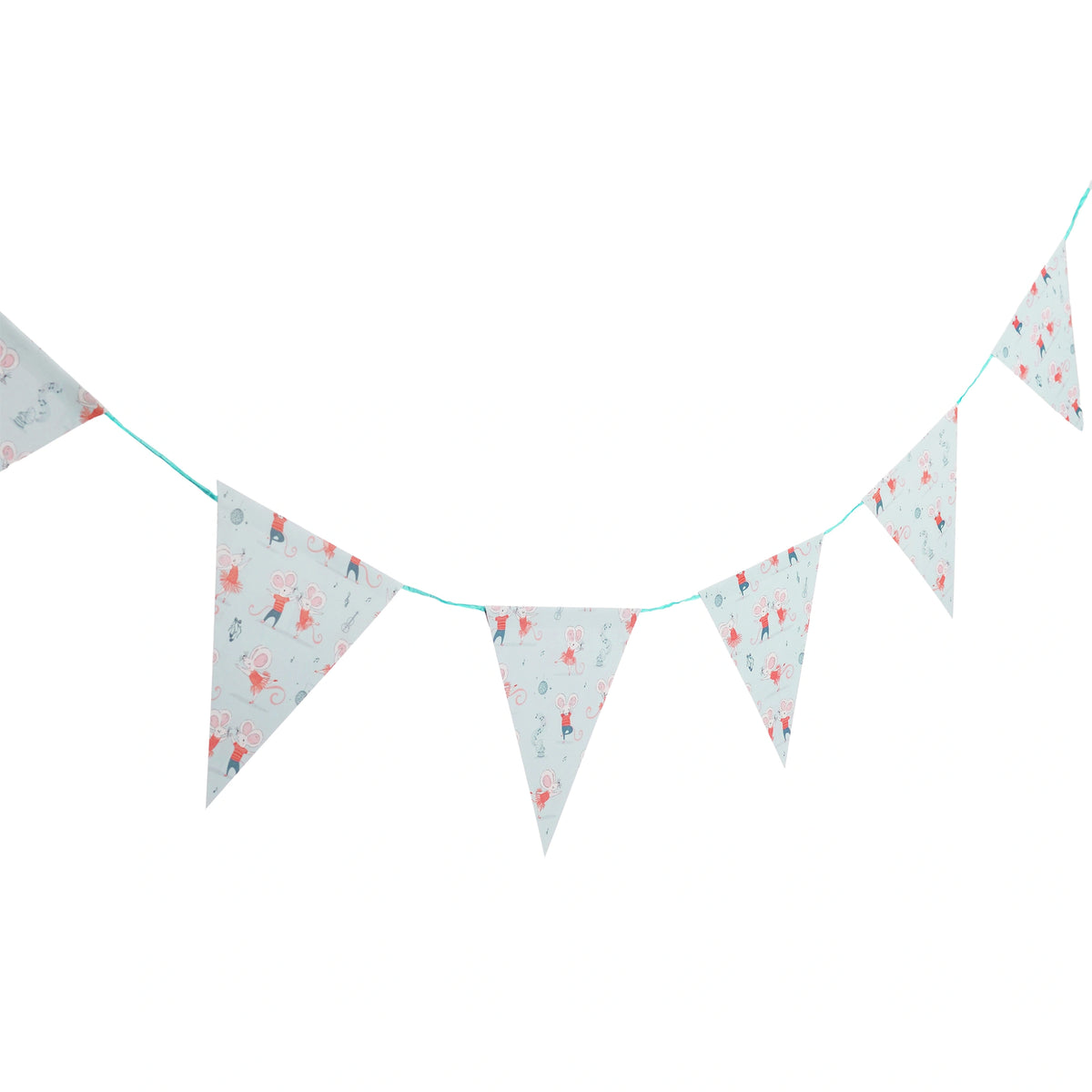 pale blue paper bunting with dancing mice illustrations and a blue ribbon. Perfect for baby showers, parties and kids birthdays.