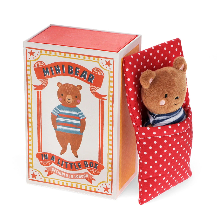 Miniature bear toy in a red polka dot box with packaging displaying 'Mini Bear in a Little Box' text.
