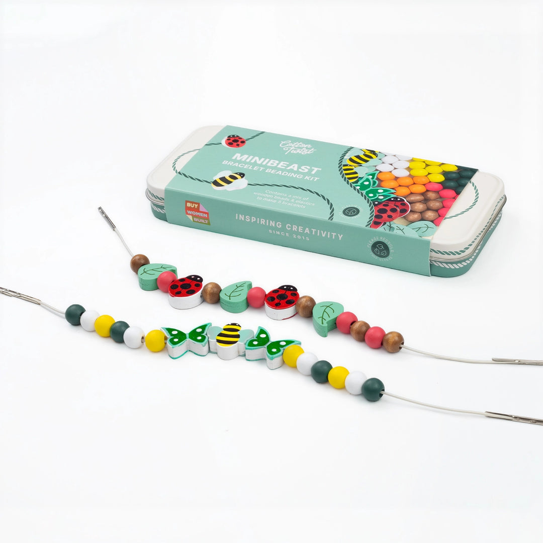Colourful beaded bracelet making kit with a Minibeast design and packaging on a white background
