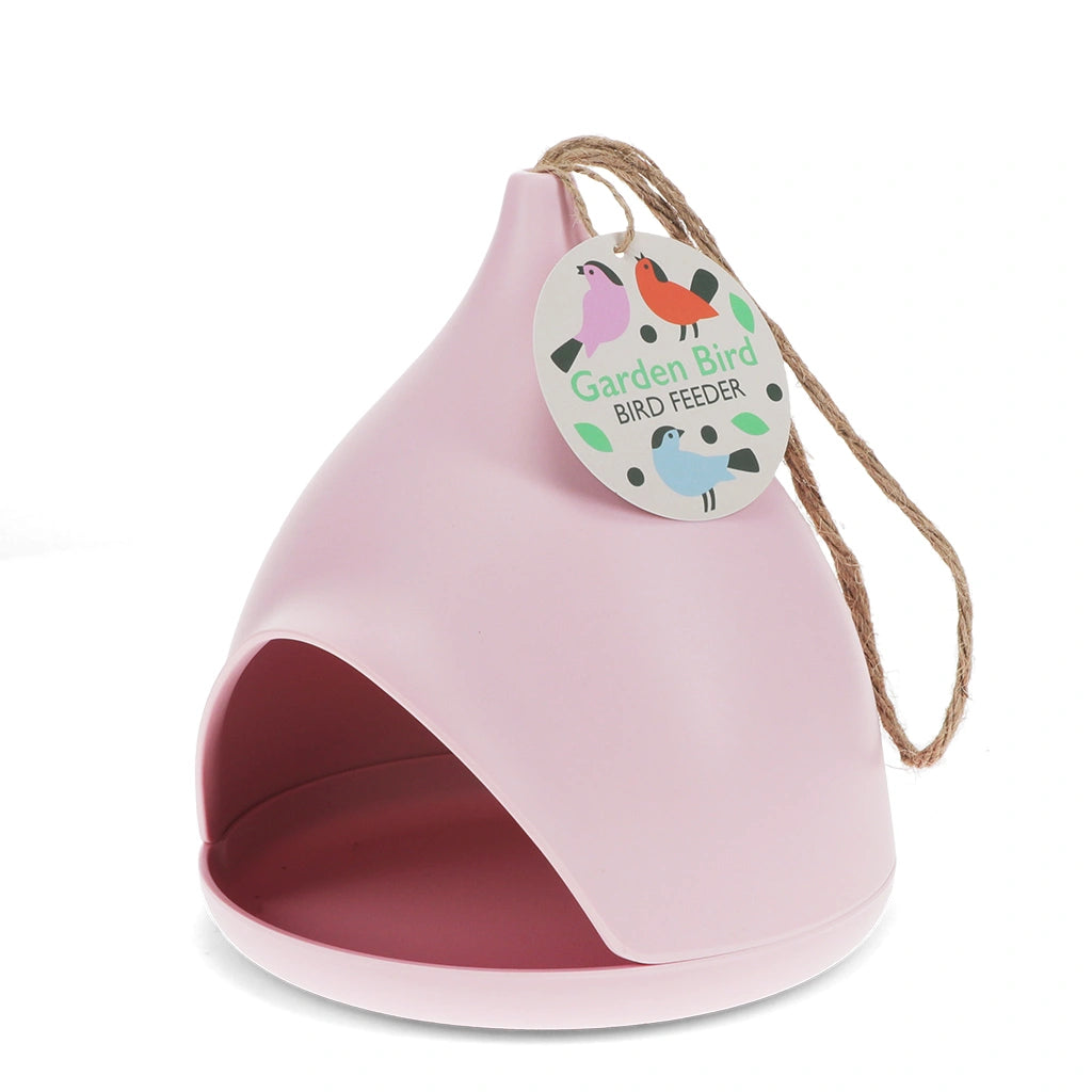 pastel pink bamboo bird feeder with a hanging rope. Modern garden decor by rex London