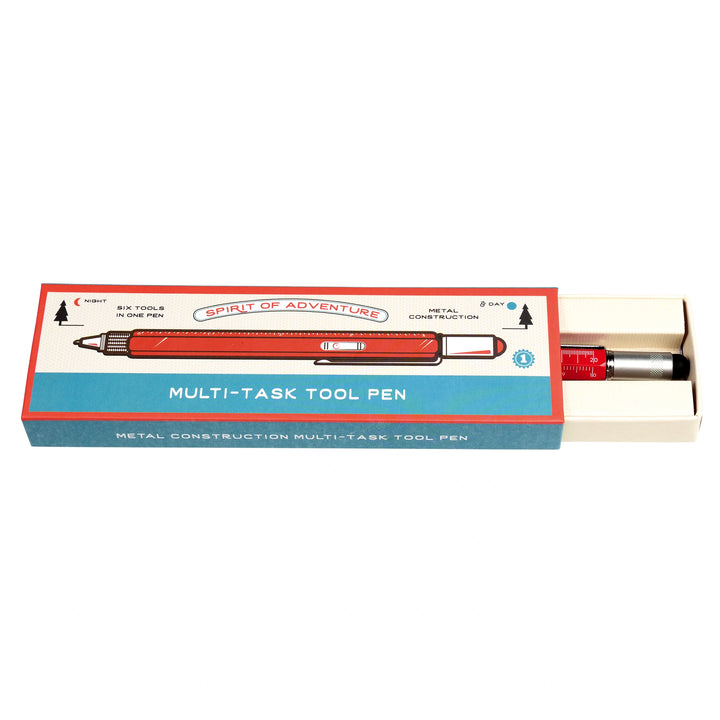 red and silver Multi-task tool pen with gift box on a white background