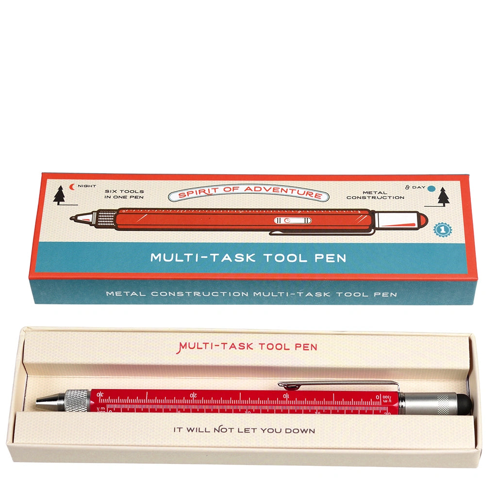 Multi-task tool pen with retro gift packaging on a white background