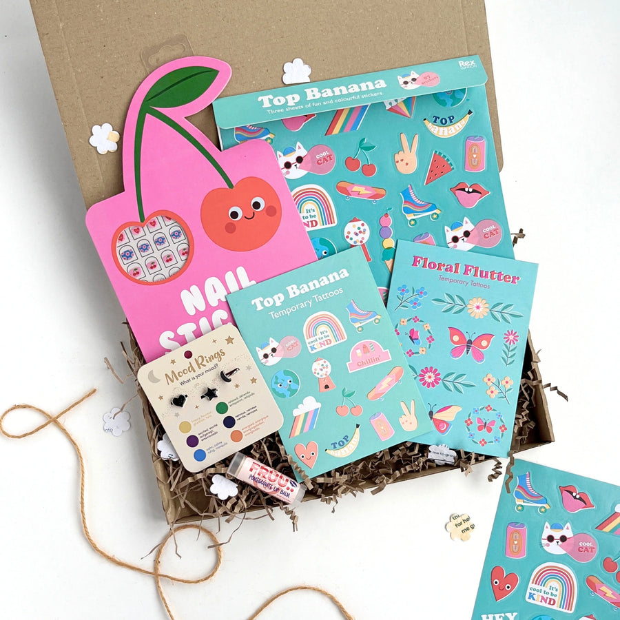 Children's Nails + Beauty Gift box with nail stickers, temporary tattoos, mood rings and a fruity lip balm 