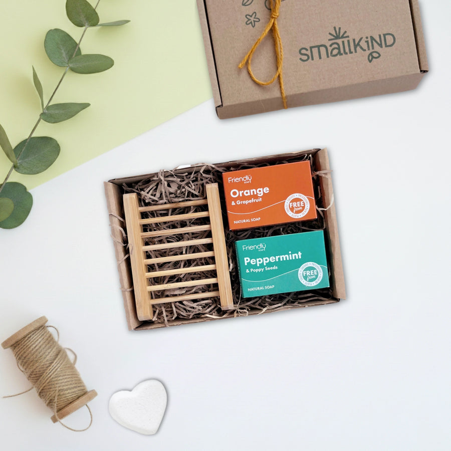 Smallkind natural soap gift box with wooden soap dish and two soaps on a white background