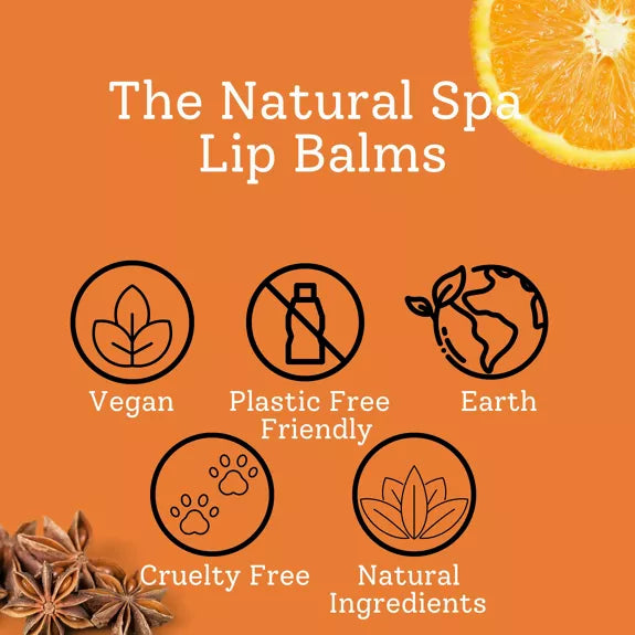 the natural spa lip balm information- vegan, plastic free, earth friendly, cruelty free, natural ingredients