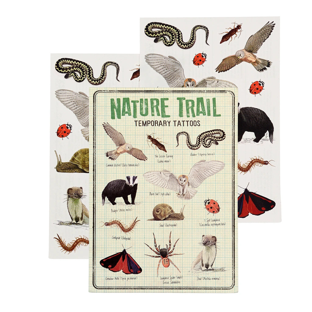 Nature trail temporary tattoos for children aged 3 and over. The tattoos feature butterflies, bugs and British wildlife. 