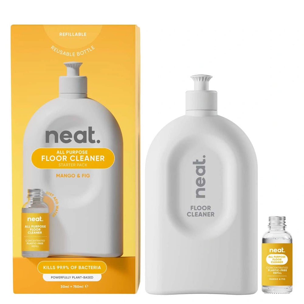 Neat All Purpose Floor Cleaner Starter Pack - Mango + Fig including a white recycled plastic squirty bottle and a cleaning refill in a small glass bottle with orange label 