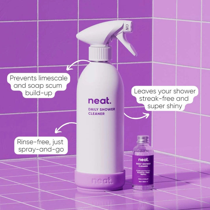 Neat Daily Shower Cleaner Refill - Fig + Violet info graphic with spray bottle and product features